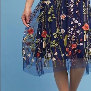 Eva Franco Navy Skirt with Floral Embroidery